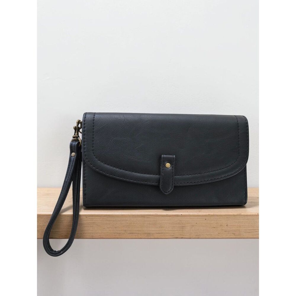 Black Wristlet Wallet Tri Fold Clutch Snap Button Closure NWOT